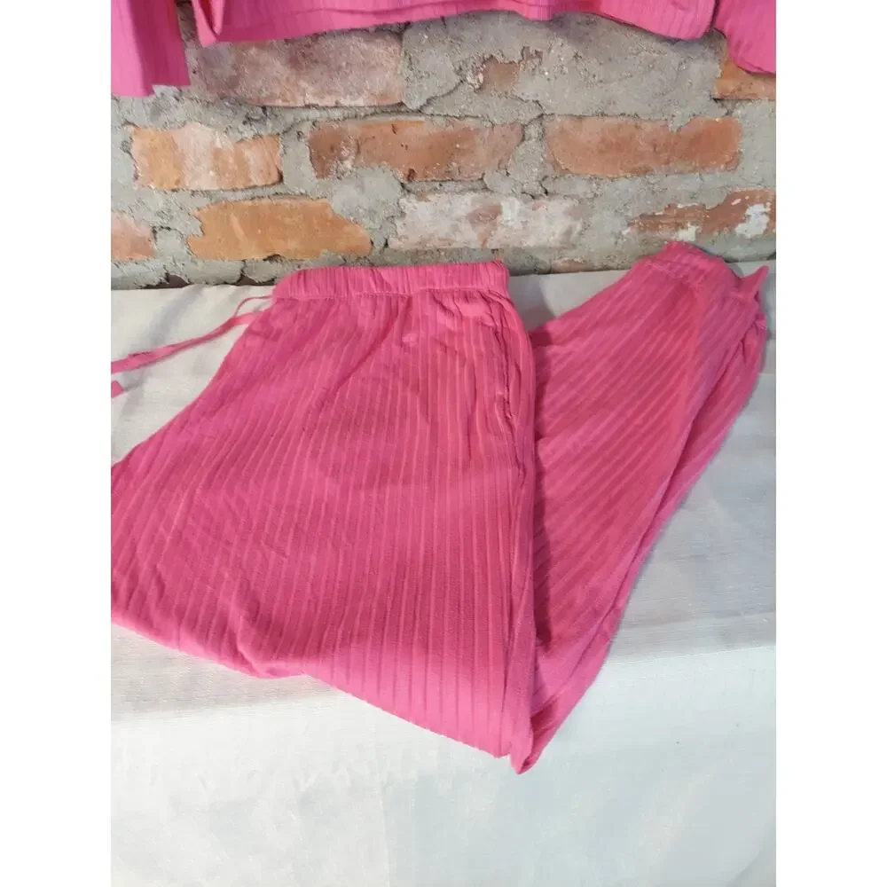 Womens Pink Ribbed Pajama Set L 12/14 Long Sleeve Sleepwear Lounge